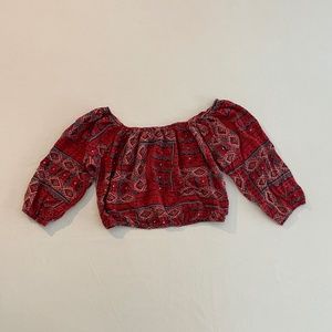 Hollister Long Sleeve Crop Top With Red, Blue, and Burgundy Fantasy Pattern!!